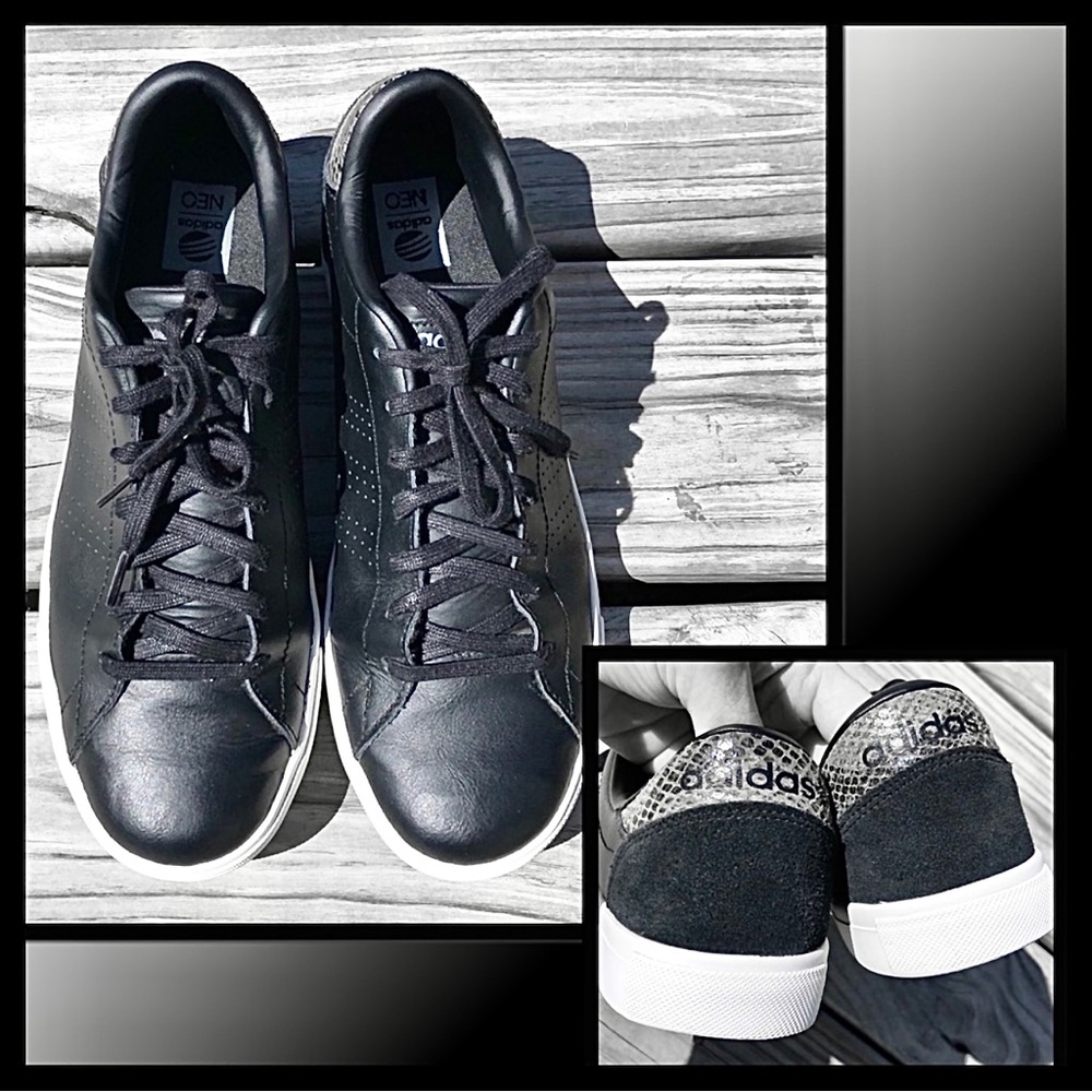 - Adidas Sz 11 NEO Ortholite Black Leather Snake Embossed Sneakers! EUC!